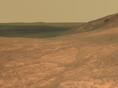 Image of red valley on Mars from Opportunity rover. 
