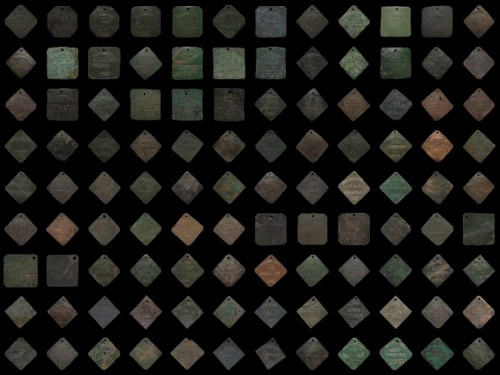 A grid of individual photos of small badges, various shapes and colors, in rows.