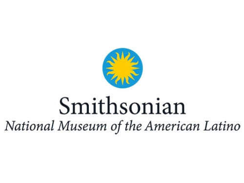 Graphic logo for Smithsonian National Museum of the American Latino with small blue circle and yellow sunburst inside above text