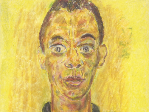 Painted, stylized portrait with bright yellow background of a man with long oval face.face.