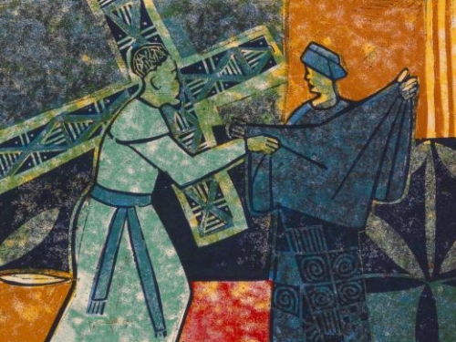 Colorful horizontal illustration with orange background and three figures, one carrying cross and another wiping his face.
