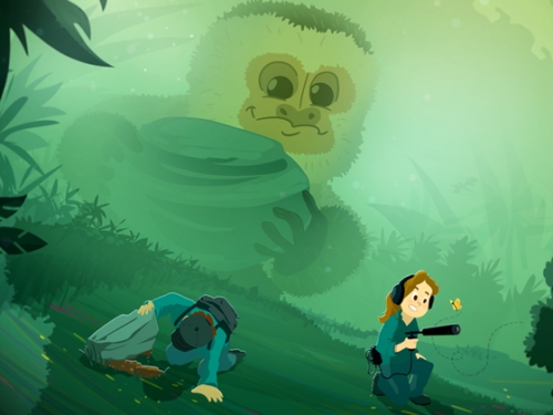 Illustration featuring a monkey face looking over trees and people with podcast equipment.