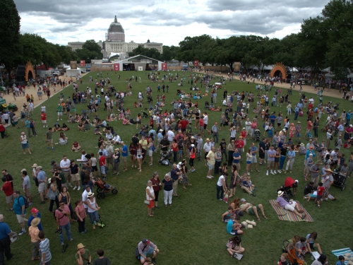 Overhead image of people lounging on long stretch of grass in front of Capitol building.