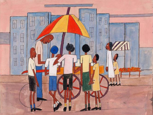 painting of kids standing around an ice cream cart